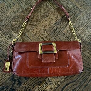 Badgley Mischka Abbie Purse - Caramel Brown with Chain and Buckle Detail